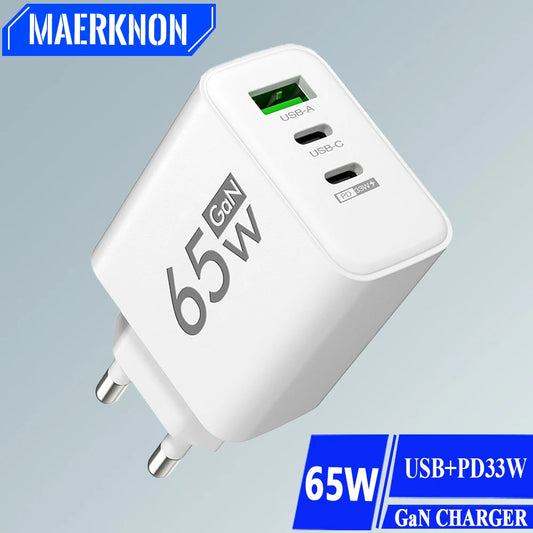 65W GaN USB Fast Charging Type C PD Charger Quick Charge Mobile Phone